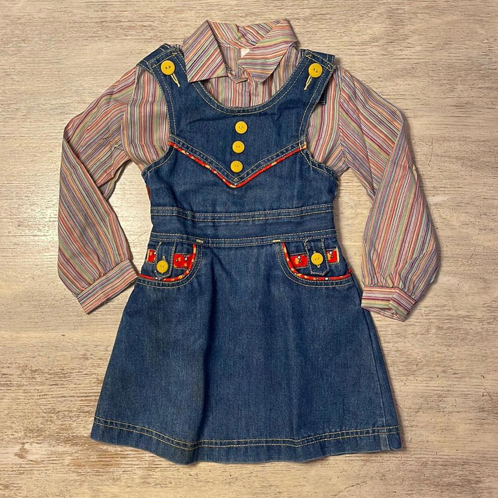 Vintage Calabash 70s Colorful Striped Shirt And Denim Retro Jumper Dress Size 4